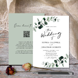 Eucalyptus Greenery QR Code Calligraphy Bröllop Inbjudningar