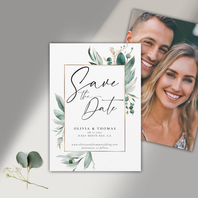 Eucalyptus Greenery Ram Modern Photo Bröllop Spara Datumet (modern simple wedding save the date typography calligraphy eucalyptus greenery emerald green frame)