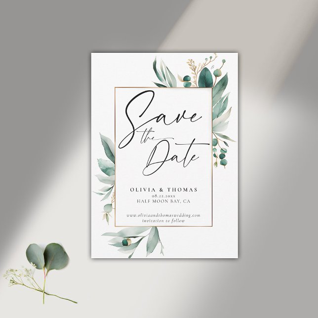 Eucalyptus Greenery Ram Modern Romantik Bröllop Spara Datumet (modern simple wedding save the date typography calligraphy eucalyptus greenery emerald green frame)