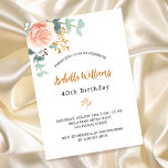 Eucalyptus greenery ro blommigt inbjudan vykort<br><div class="desc">En inbjudan till elegant för en 40:e (eller någon ålder) födelsedagsfest. En vit chic bakgrund. Dekorerad med en ro guld och en rosa vattenfärgad blomma, blommigt, grönt eucalyptus löv, spriter, grönsak och faux ro sprig. Personalisera och närmare uppgifter om namn och party. Svarta och gyllene brev. Namn är skrivet med...</div>