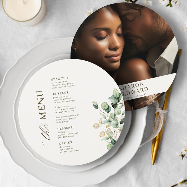 Eucalyptus Greenery Round Bröllop Photo Menu Card Meny (Skapare uppladdad)