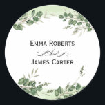 Eucalyptus Greenery Round Sticker Runt Klistermärke<br><div class="desc">Elevate your wedding details with this eucalyptus greenery round sticker. Ideal for sealing invitations,  gift bags,  or favors,  it adds a personalized and elegant botanical touch. A perfect match for modern or rustic greenery wedding themes.</div>
