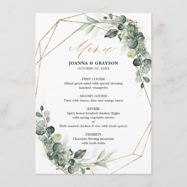 Eucalyptus Greenery Rustic Geometric Bröllop Menu Meny (Framsida)