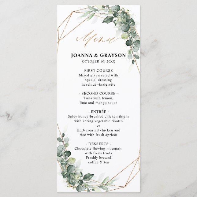 Eucalyptus Greenery Rustic Geometric Bröllop Meny (Framsida)