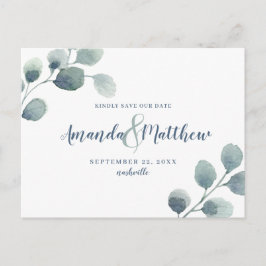 Eucalyptus Greenery Save Date Blue Watercolor Meddelande Vykort