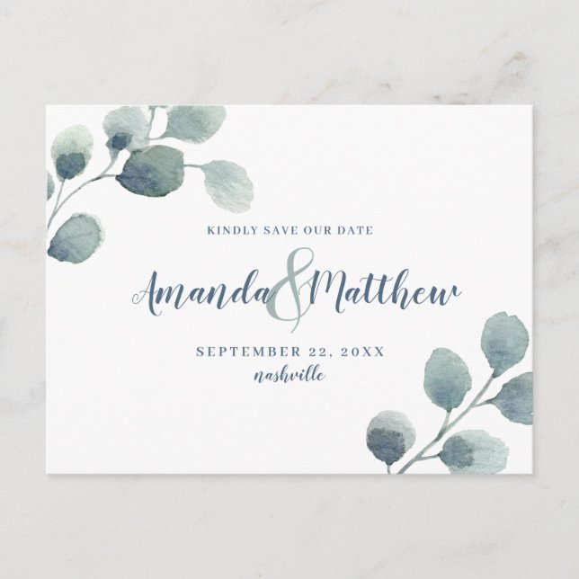 Eucalyptus Greenery Save Date Blue Watercolor Meddelande Vykort (Framsida)
