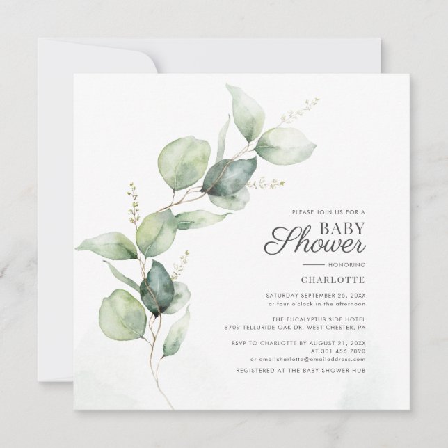 Eucalyptus Greenery Script Botanical Baby Shower Inbjudningar (Framsida)