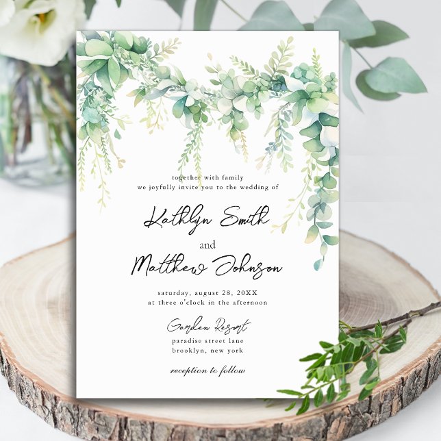 Eucalyptus Greenery Script Modern Garden Wedding Inbjudningar (Skapare uppladdad)