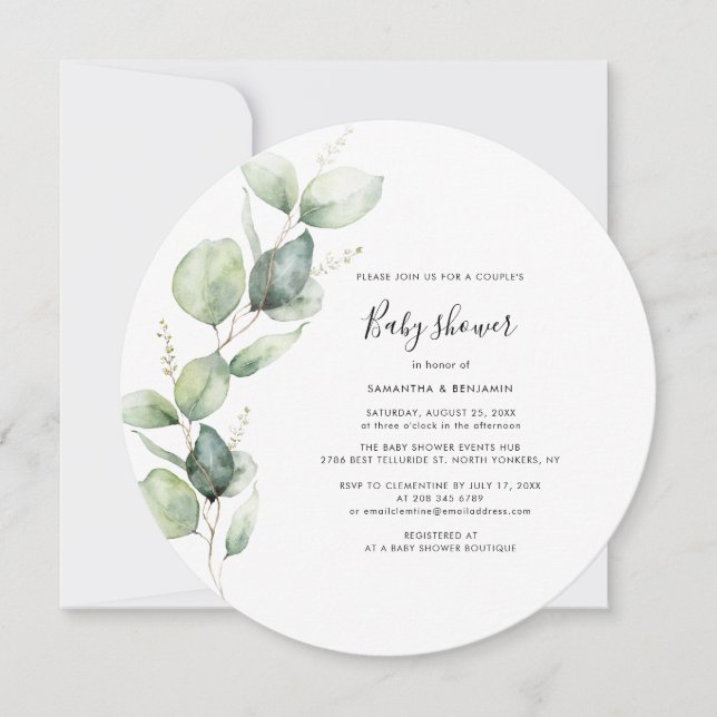 Eucalyptus Greenery Script Par Baby Shower Inbjudningar (Framsida)