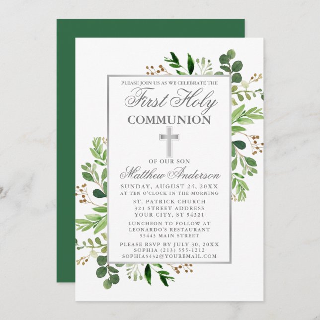 Eucalyptus Greenery Silver First Communion Inbjudningar (Fram/baksida)