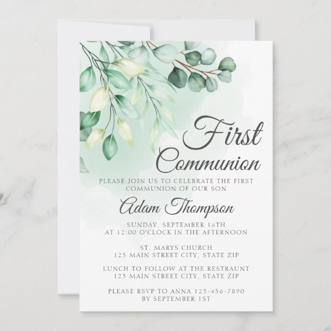 Eucalyptus Greenery Simple First Communion Inbjudningar (Framsida)