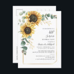 Eucalyptus Greenery Solros 40:e födelsedagen Party Inbjudan Vykort<br><div class="desc">Skapa en inbjudan till en sorts födelsedag med vår blommigt- och grön geometrisk mall med solros och eukalyptus med guld-folie geometriskt ram,  genom att klicka på knappen "Anpassa"</div>