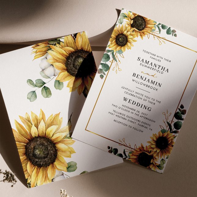 Eucalyptus Greenery Solros Geometric Bröllop Inbjudningar (Sunflower Eucalyptus Wedding Invitation Front and Back view)