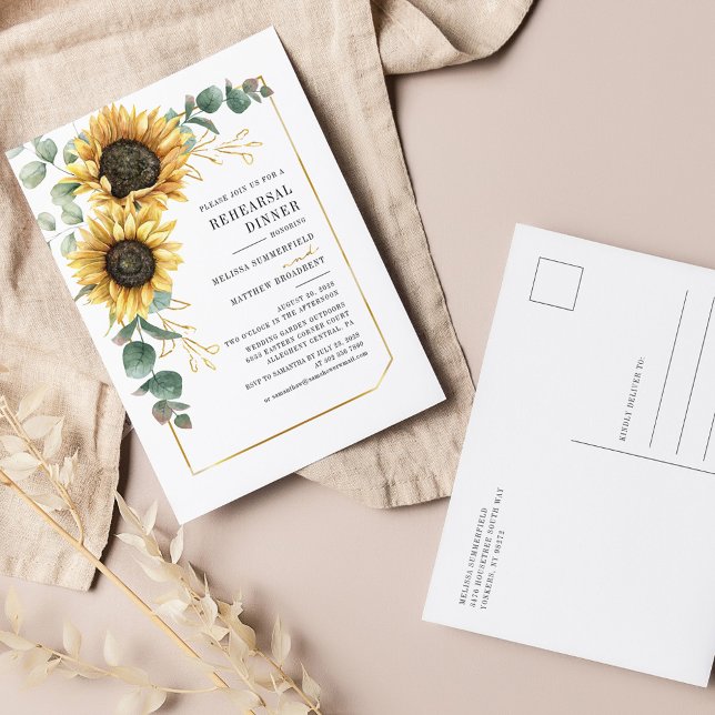 Eucalyptus Greenery Solros Rehearsal Middag Inbjudan Vykort (Sunflower Eucalyptus Wedding Rehearsal Dinner Invitation)