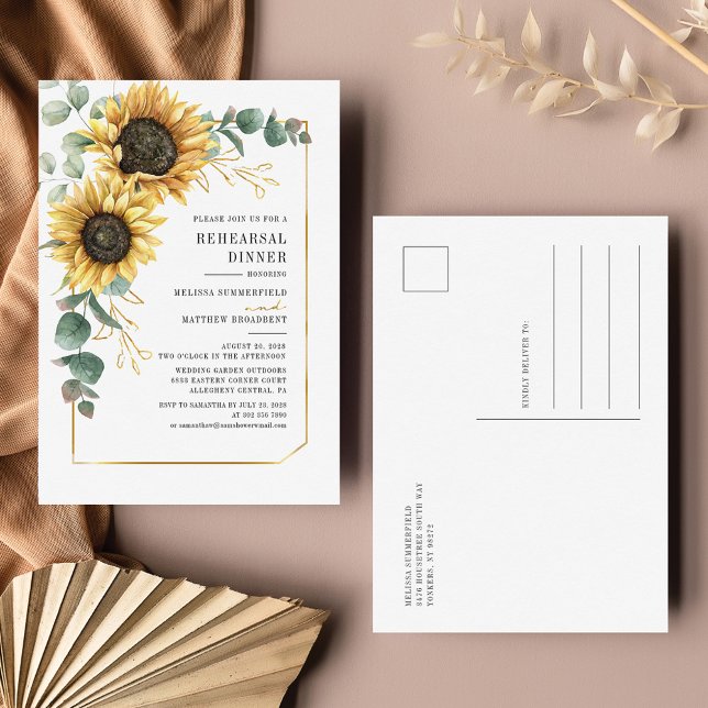 Eucalyptus Greenery Solros Rehearsal Middag Inbjudan Vykort (Sunflower Floral Wedding Rehearsal Dinner Invitation Postcard)