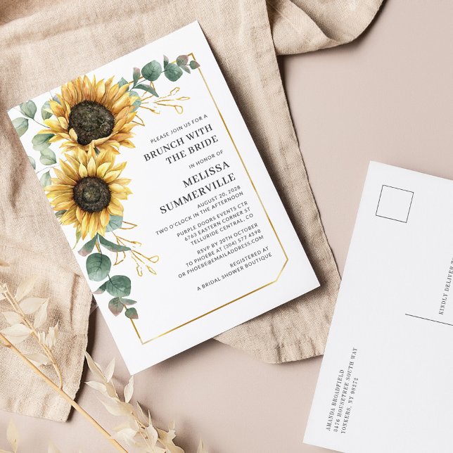 Eucalyptus Greenery SolrosBrunch med Bride Inbjudan Vykort (Floral Sunflower Eucalyptus Brunch with the Bride Invitation Postcard)