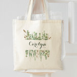 Eucalyptus Greenery Söt med eget namn Tygkasse<br><div class="desc">Lättfärgad grönt målad vattenfärg eukalyptus grönenery illustration med faux guld glitter accents. Anpassa enkelt med ditt eget namn eller någon text.</div>
