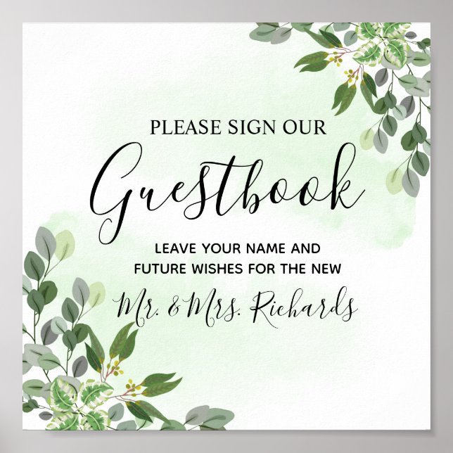 Eucalyptus Greenery Succulent Bröllop Guestbook Poster (Framsidan)