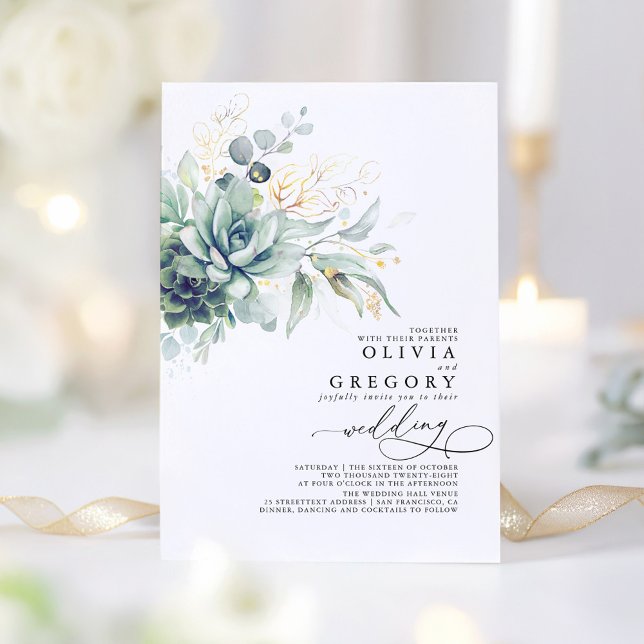 Eucalyptus Greenery Succulents och Guld Bröllop Inbjudningar (Succulents Greenery Wedding Invitations)