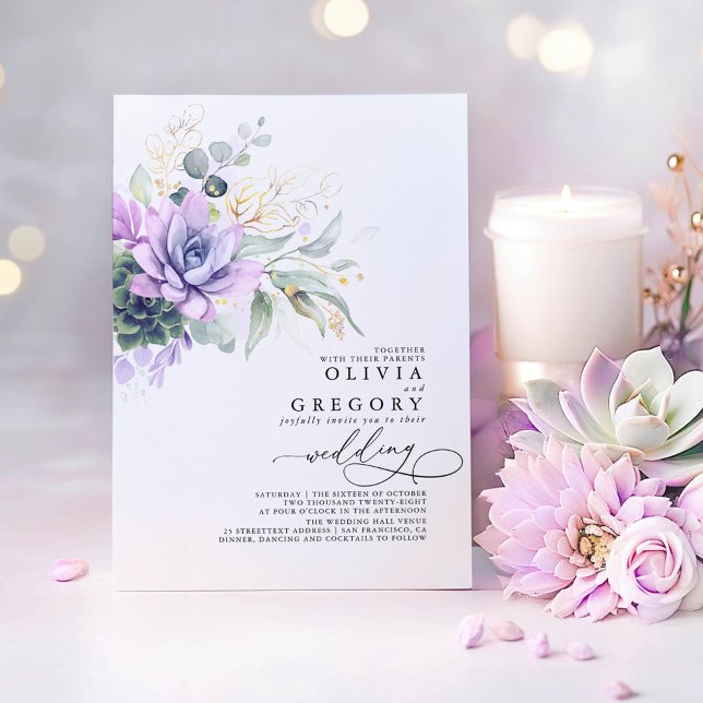 Eucalyptus Greenery Succulents och Guld Bröllop Inbjudningar (Purple Succulents and Gold Greenery Elegant Wedding Invitations)