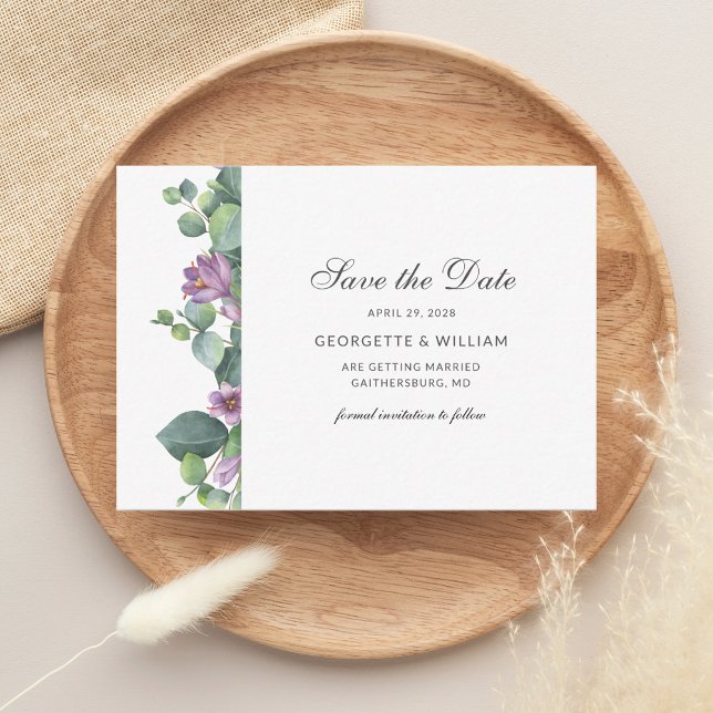 Eucalyptus Greenery Succuly Script Spara datumet Anteckningskort (Save the Date Purple Sage Green Wedding Announcement)