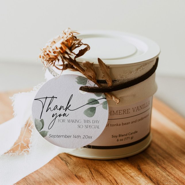 Eucalyptus Greenery Tack Sage Grönt Gåvor Etiketter (Greenery Eucalyptus round thank you tags in sage green)