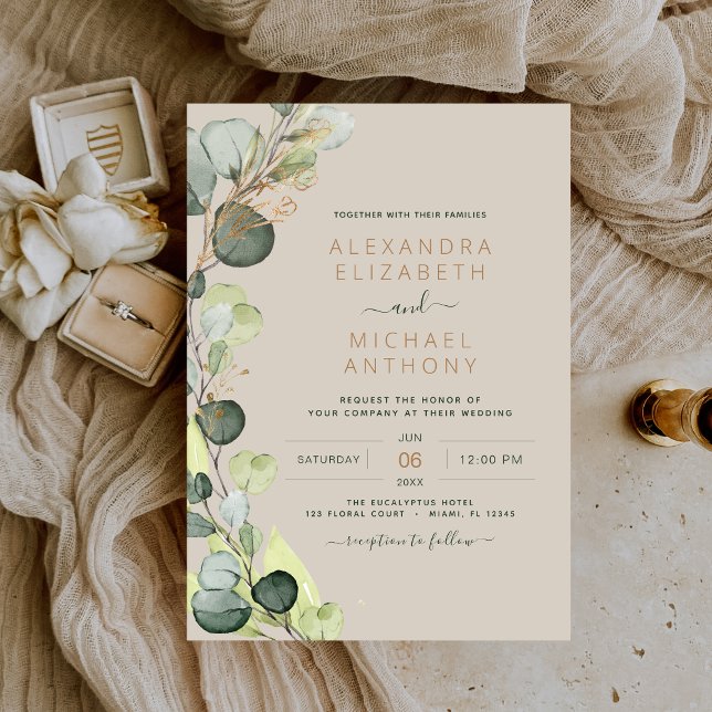 Eucalyptus Greenery Taupe Beige Guld Bröllop Inbjudningar (Skapare uppladdad)
