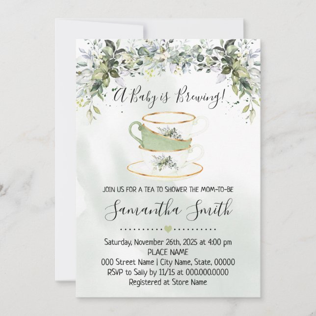 Eucalyptus greenery tea Baby Shower-inbjudan Julkort (Framsida)