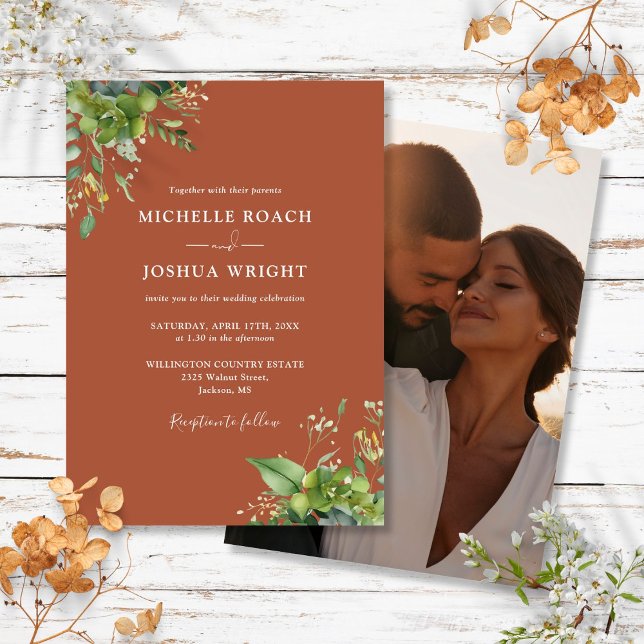 Eucalyptus Greenery Terracotta Photo Bröllop Inbjudningar (Eucalyptus Greenery Terracotta Photo Wedding Invitation)