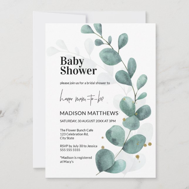 Eucalyptus Greenery Watercolor Baby Shower Invita Inbjudningar (Framsida)