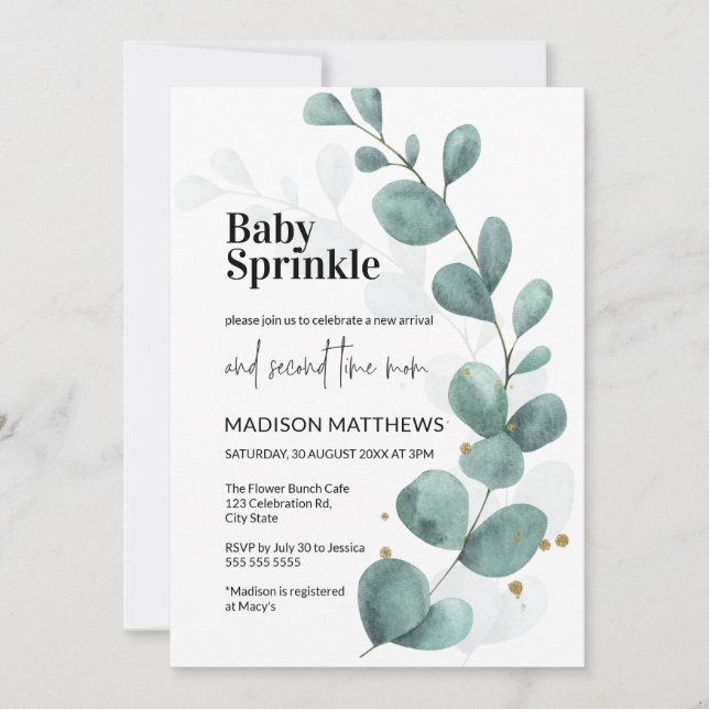 Eucalyptus Greenery Watercolor Baby Sprinkle Invit Inbjudningar (Framsida)