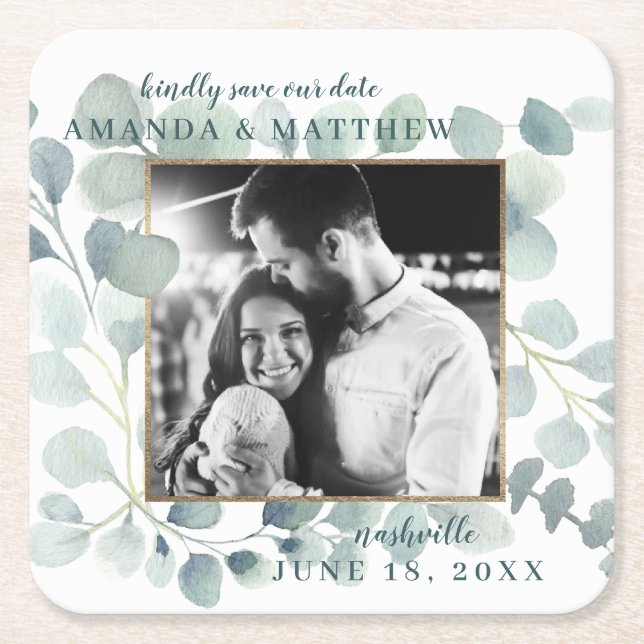 Eucalyptus Greenery Watercolor Foliage Dusty Blue Underlägg Papper Kvadrat (Framsidan)