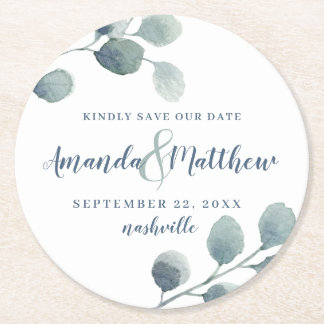 Eucalyptus Greenery Watercolor Foliage Dusty Blue Underlägg Papper Rund