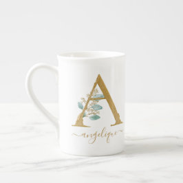 Eucalyptus Greenery Watercolor Guld Monogram A Benporslin Mugg