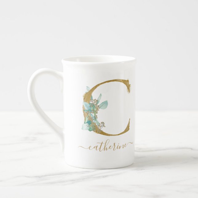 Eucalyptus Greenery Watercolor Guld Monogram C Benporslin Mugg (Vänster)