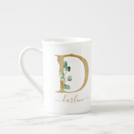 Eucalyptus Greenery Watercolor Guld Monogram D Benporslin Mugg