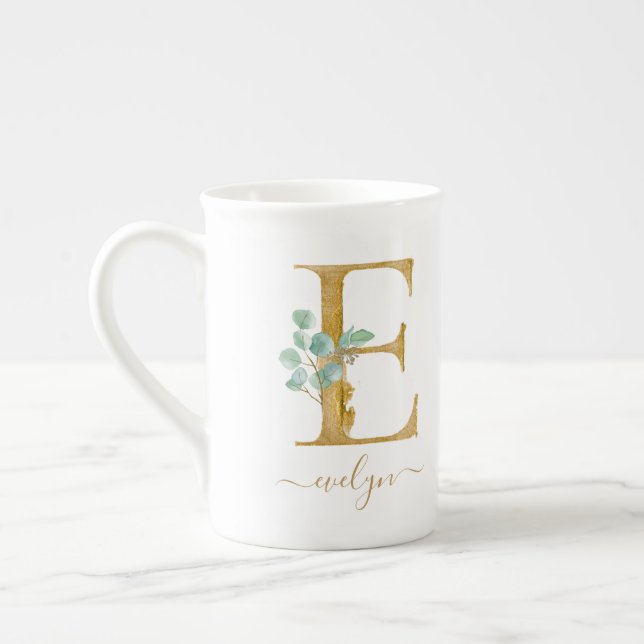 Eucalyptus Greenery Watercolor Guld Monogram E Benporslin Mugg (Vänster)