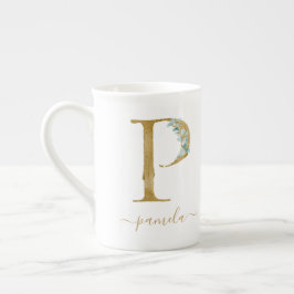 Eucalyptus Greenery Watercolor Guld Monogram P Benporslin Mugg