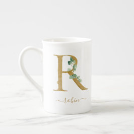 Eucalyptus Greenery Watercolor Guld Monogram R Benporslin Mugg