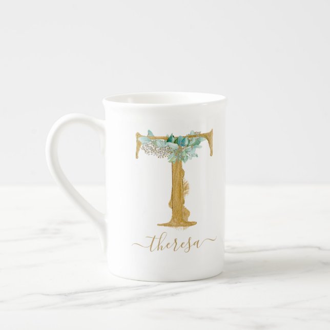 Eucalyptus Greenery Watercolor Guld Monogram T Benporslin Mugg (Vänster)