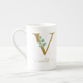 Eucalyptus Greenery Watercolor Guld Monogram V Benporslin Mugg