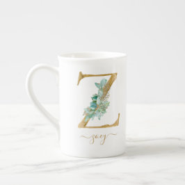 Eucalyptus Greenery Watercolor Guld Monogram Z  Benporslin Mugg