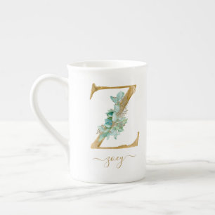 Eucalyptus Greenery Watercolor Guld Monogram Z Benporslin Mugg