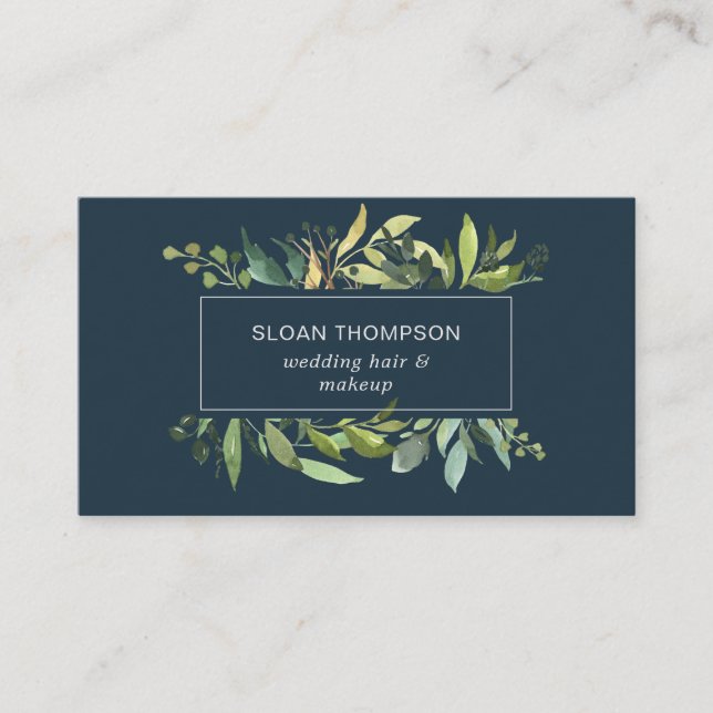 Eucalyptus Greenery Watercolor Navy Visitkort (Framsida)