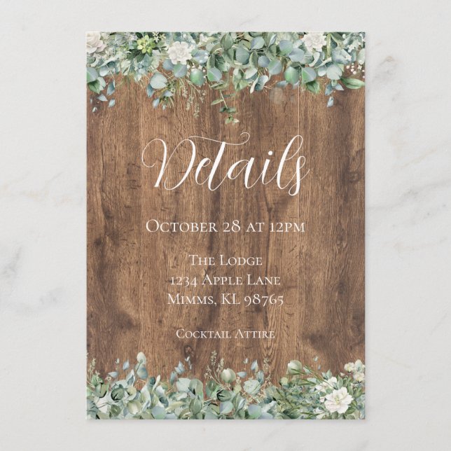 Eucalyptus Greenery Wedding Details Card | Rustic Tilläggskort (Framsida)