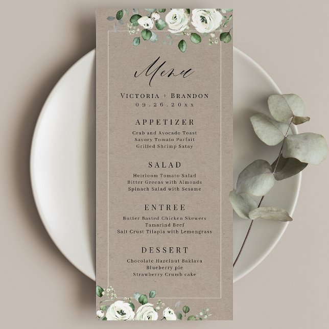 Eucalyptus Greenery white blommigt rustic bröllop Meny (Eucalyptus Greenery white floral rustic wedding Menu)