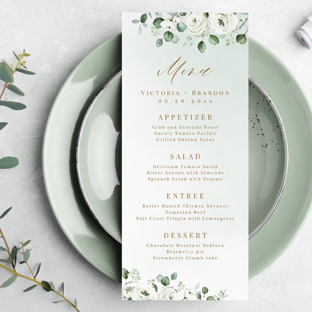Eucalyptus Greenery white blommigt rustic bröllop Meny (Eucalyptus Greenery white floral rustic wedding Menu)