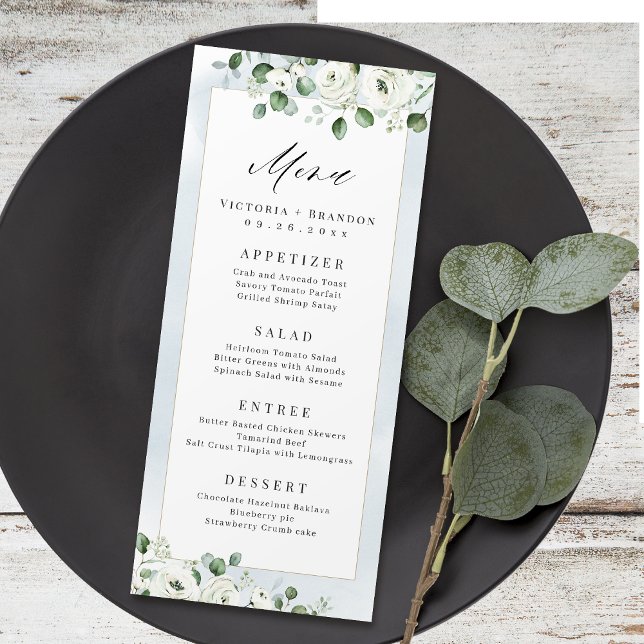 Eucalyptus Greenery white blommigt rustic bröllop Meny (Eucalyptus Greenery white floral rustic wedding Menu)