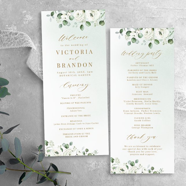 Eucalyptus Greenery white blommigt rustic bröllop Program (Eucalyptus Greenery white floral rustic wedding Program)