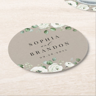 Eucalyptus Greenery white blommigt rustic bröllop Underlägg Papper Rund